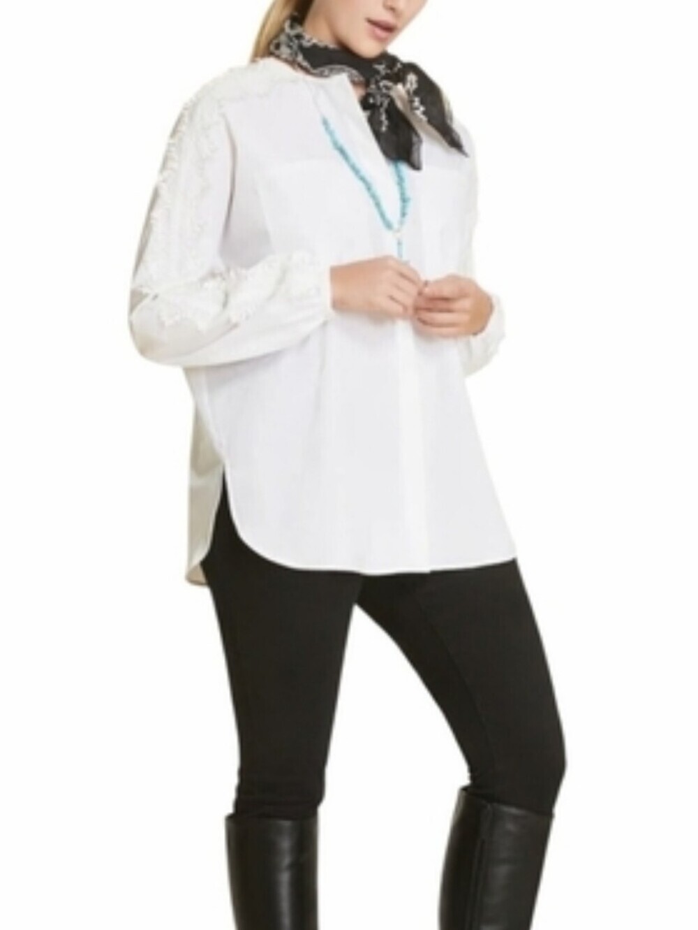 MaxMara-Marina Rinaldi BAGLIORE White Popline Beaded-Trim Button Front Blouse 20